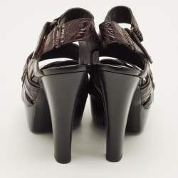 Pre Owned صندل بوتيغا فينيتا جلد بني منقوش بكعب وسوار للكاحل مقاس 38