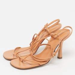 Pre Owned Bottega Veneta Stretch Size 36.5 Tan Leather Ankle Strap Sandals