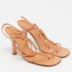 Pre Owned Bottega Veneta Stretch Size 36.5 Tan Leather Ankle Strap Sandals