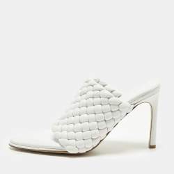 Pre Owned Bottega Veneta Lido Size 41 White Woven Leather Slide Sandals