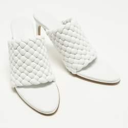 Pre Owned Bottega Veneta Lido Size 41 White Woven Leather Slide Sandals