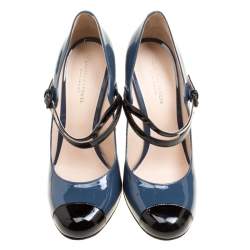 Pre Owned Bottega Veneta Slate Grey Patent Leather Bette Cap Toe Mary Jane Pumps Size 36.5