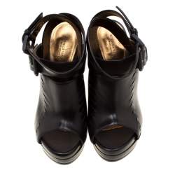 مملوكة مسبقًا Bottega Veneta Black Intrecciato Detail Leather Buckle Peep Toe Platform Sandals 37.5