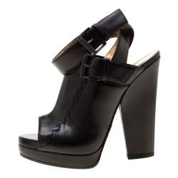 مملوكة مسبقًا Bottega Veneta Black Intrecciato Detail Leather Buckle Peep Toe Platform Sandals 37.5