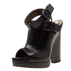 مملوكة مسبقًا Bottega Veneta Black Intrecciato Detail Leather Buckle Peep Toe Platform Sandals 37.5