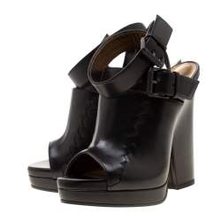 مملوكة مسبقًا Bottega Veneta Black Intrecciato Detail Leather Buckle Peep Toe Platform Sandals 37.5