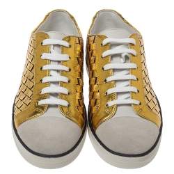 Pre Owned Bottega Veneta Metallic Gold Intrecciato Leather And Suede Cap Toe Low Top Sneakers Size 36