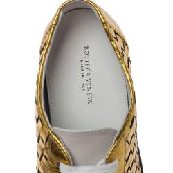 Pre Owned Bottega Veneta Metallic Gold Intrecciato Leather And Suede Cap Toe Low Top Sneakers Size 36