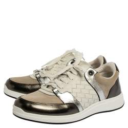 Pre Owned Bottega Veneta Metallic Grey/White Intrecciato Leather and Suede Top Sneakers Size 37.5