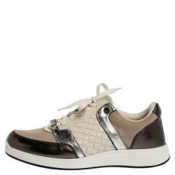 Pre Owned Bottega Veneta Metallic Grey/White Intrecciato Leather and Suede Top Sneakers Size 37.5