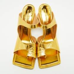 Pre Owned Bottega Veneta Gold Leather Vitello Lamé Square-Toe Sandals Size 41 