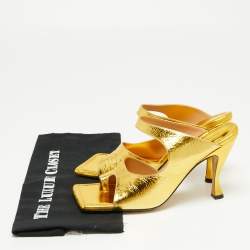 Pre Owned Bottega Veneta Gold Leather Vitello Lamé Square-Toe Sandals Size 41 