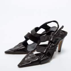 Pre Owned Bottega Veneta Dark Brown Leather BV Slingback Pumps Size 37.5