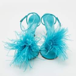 Pre Owned Bottega Veneta Blue Leather and Fur  Ankle Strap Sandals Size 39