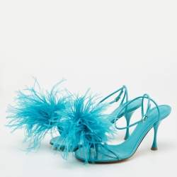 Pre Owned Bottega Veneta Blue Leather and Fur  Ankle Strap Sandals Size 39