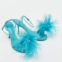 Pre Owned Bottega Veneta Blue Leather and Fur  Ankle Strap Sandals Size 39