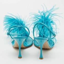 Pre Owned Bottega Veneta Blue Leather and Fur  Ankle Strap Sandals Size 39