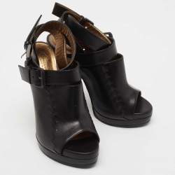 Pre Owned Bottega Veneta Black Leather Peep Toe Platform Ankle Strap Sandals Size 38