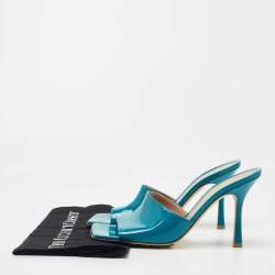 Bottega Veneta Blue Parent Leather Square Toe Stretch Slide Sandals Size 39.5