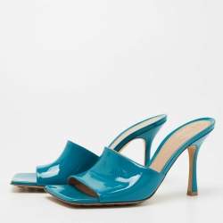 Bottega Veneta Blue Parent Leather Square Toe Stretch Slide Sandals Size 39.5