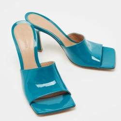 Bottega Veneta Blue Parent Leather Square Toe Stretch Slide Sandals Size 39.5