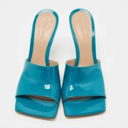 Bottega Veneta Blue Parent Leather Square Toe Stretch Slide Sandals Size 39.5