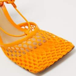 Pre Owned Bottega Veneta Orange Mesh and Leather Ankle Tie Pumps Size 40