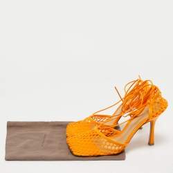 Pre Owned Bottega Veneta Orange Mesh and Leather Ankle Tie Pumps Size 40
