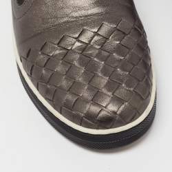 Pre Owned Bottega Veneta Metallic Grey Intrecciato Leather Slip On Sneakers Size 36