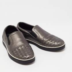 Pre Owned Bottega Veneta Metallic Grey Intrecciato Leather Slip On Sneakers Size 36
