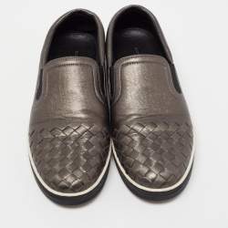 Pre Owned Bottega Veneta Metallic Grey Intrecciato Leather Slip On Sneakers Size 36