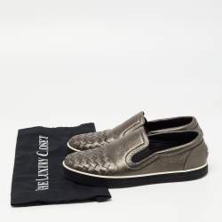 Pre Owned Bottega Veneta Metallic Grey Intrecciato Leather Slip On Sneakers Size 36