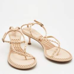 Pre Owned Bottega Veneta Beige Leather Lagoon Bubble Ankle Strap Sandals Size 38