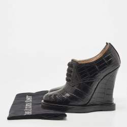 Pre Owned Bottega Veneta Black Croc Embossed Leather Wedge Oxford Pumps Size 37