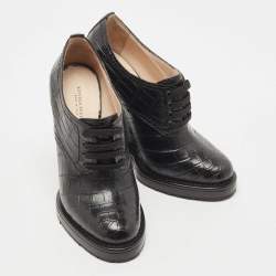 Pre Owned Bottega Veneta Black Croc Embossed Leather Wedge Oxford Pumps Size 37