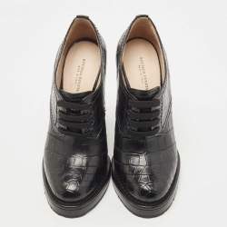 Pre Owned Bottega Veneta Black Croc Embossed Leather Wedge Oxford Pumps Size 37