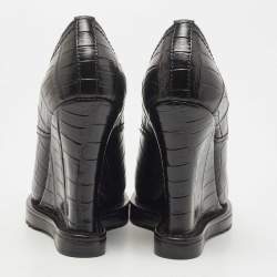 Pre Owned Bottega Veneta Black Croc Embossed Leather Wedge Oxford Pumps Size 37
