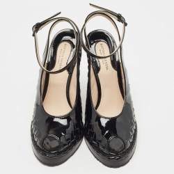 Pre Owned Bottega Veneta Black Patent Leather Intrecciato Wedge Ankle Wrap Peep Toe Sandals Size 37