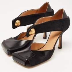 Pre Owned Bottega Veneta Black Leather and Calf Hair Ankle Strap Sandals Size 37.5