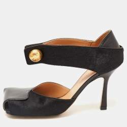 Pre Owned Bottega Veneta Black Leather and Calf Hair Ankle Strap Sandals Size 37.5