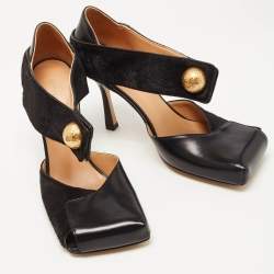 Pre Owned Bottega Veneta Black Leather and Calf Hair Ankle Strap Sandals Size 37.5