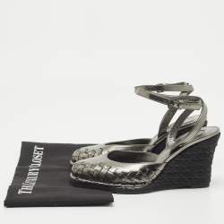 Pre Owned Bottega Veneta Metallic Intrecciato Leather Espadrille Wedge Ankle Strap Sandals Size 35