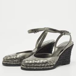 Pre Owned Bottega Veneta Metallic Intrecciato Leather Espadrille Wedge Ankle Strap Sandals Size 35