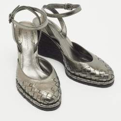 Pre Owned Bottega Veneta Metallic Intrecciato Leather Espadrille Wedge Ankle Strap Sandals Size 35