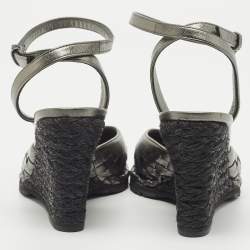 Pre Owned Bottega Veneta Metallic Intrecciato Leather Espadrille Wedge Ankle Strap Sandals Size 35