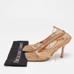 Pre Owned Bottega Veneta Beige Leather and Stretch Mesh Square Toe Pumps Size 37