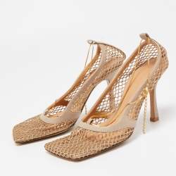Pre Owned Bottega Veneta Beige Leather and Stretch Mesh Square Toe Pumps Size 37