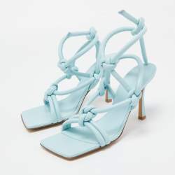 Pre Owned Bottega Veneta Light Blue Knotted Leather Slingback Ankle Tie Sandals Size 38.5