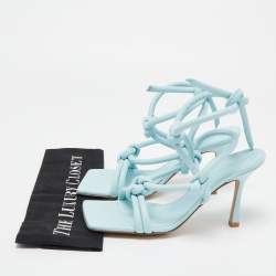 Pre Owned Bottega Veneta Light Blue Knotted Leather Slingback Ankle Tie Sandals Size 38.5