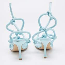 Pre Owned Bottega Veneta Blue Knotted Leather Ankle Strap Sandals Size 36